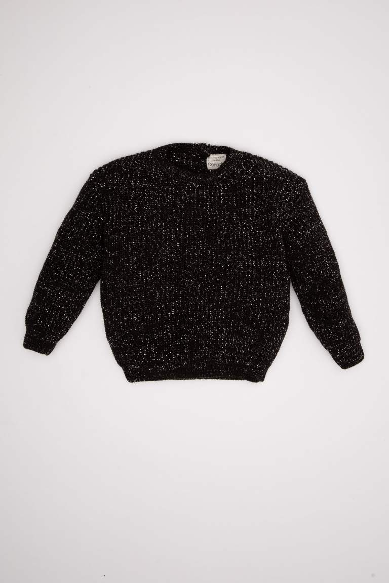 Baby Girl Black Crew Neck Knitted Patterned Pullover