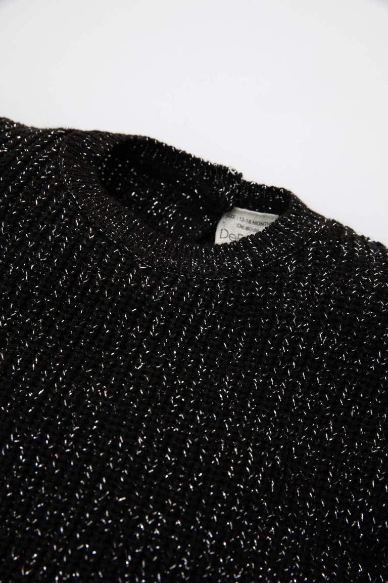 Baby Girl Black Crew Neck Knitted Patterned Pullover