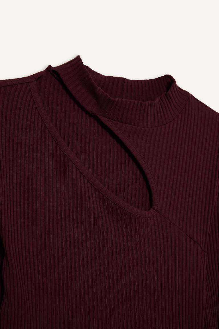 Slim Fit Dar Kesim Bisiklet Yaka Fitilli Kaşkorse Uzun Kollu Tişört