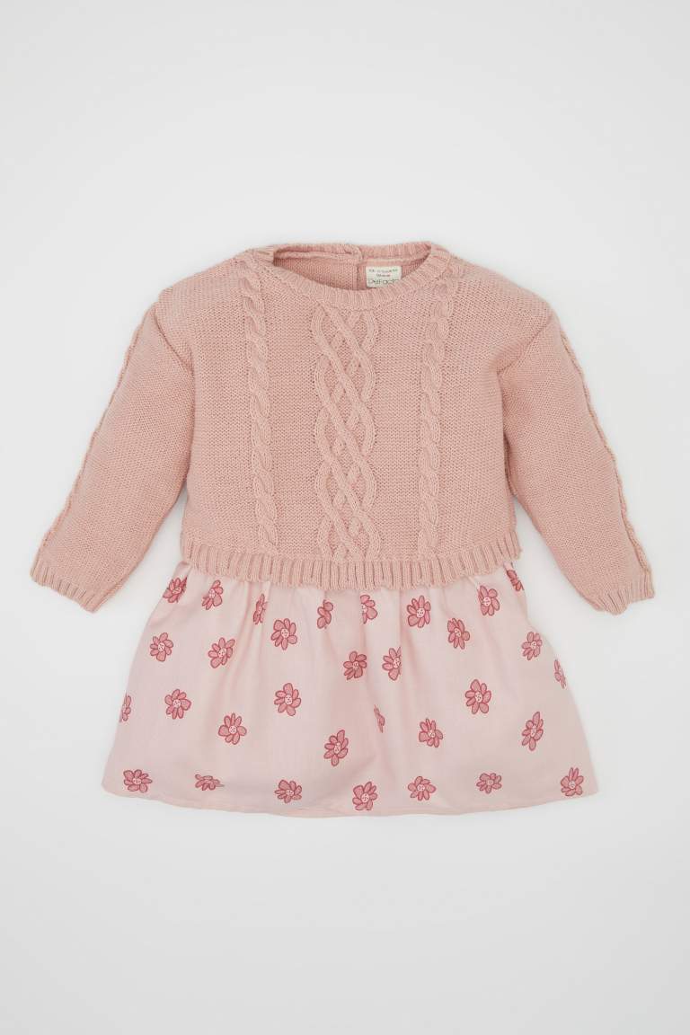 Baby Girl Crew Neck Floral Knit Dress