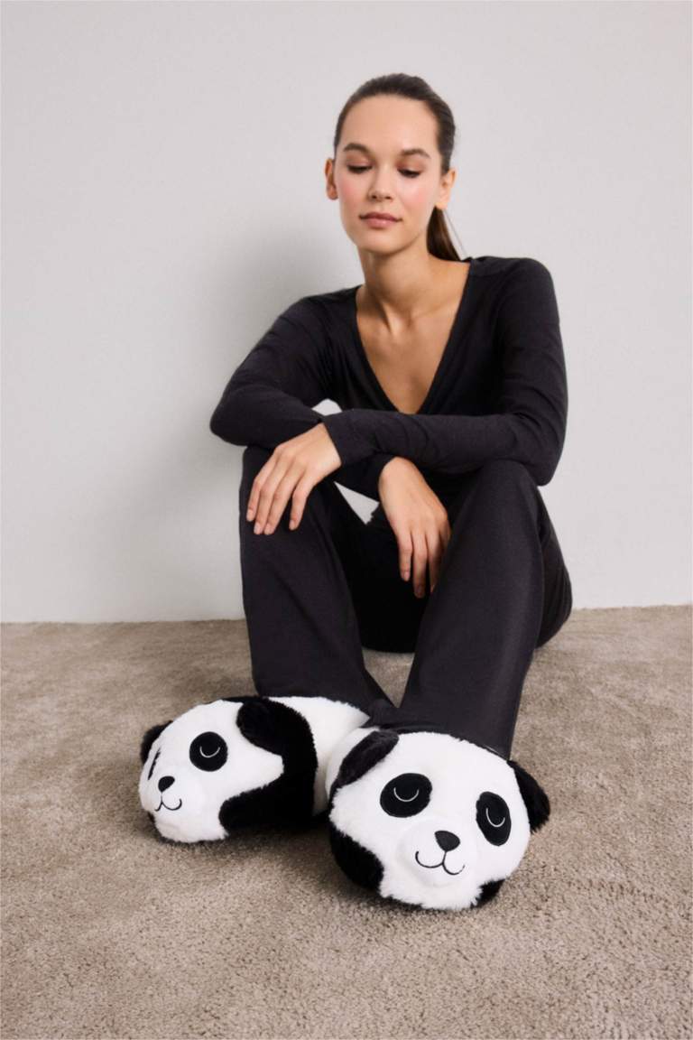 Woman Panda Themed Plush Slippers