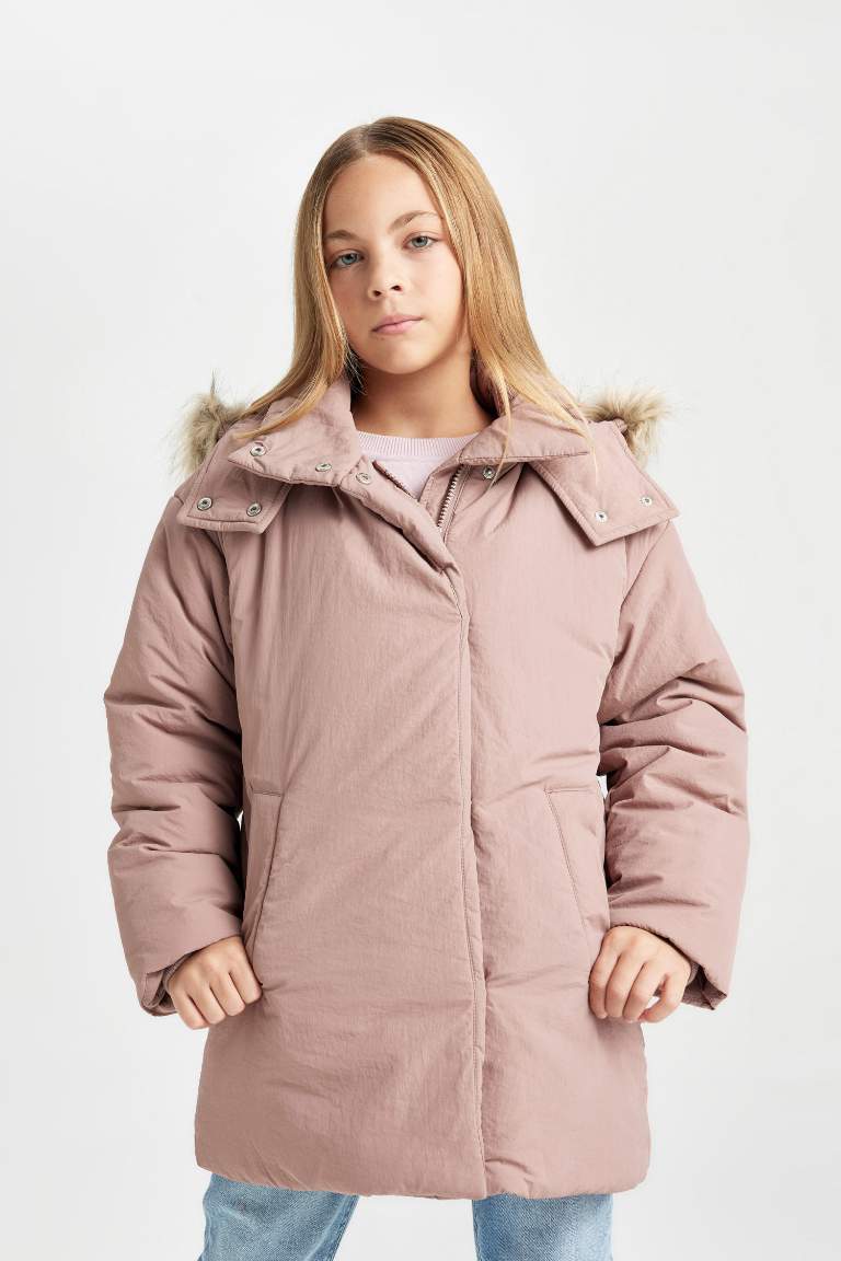 Girl Removable Faux Fur Collar Hooded Puffer Jacket