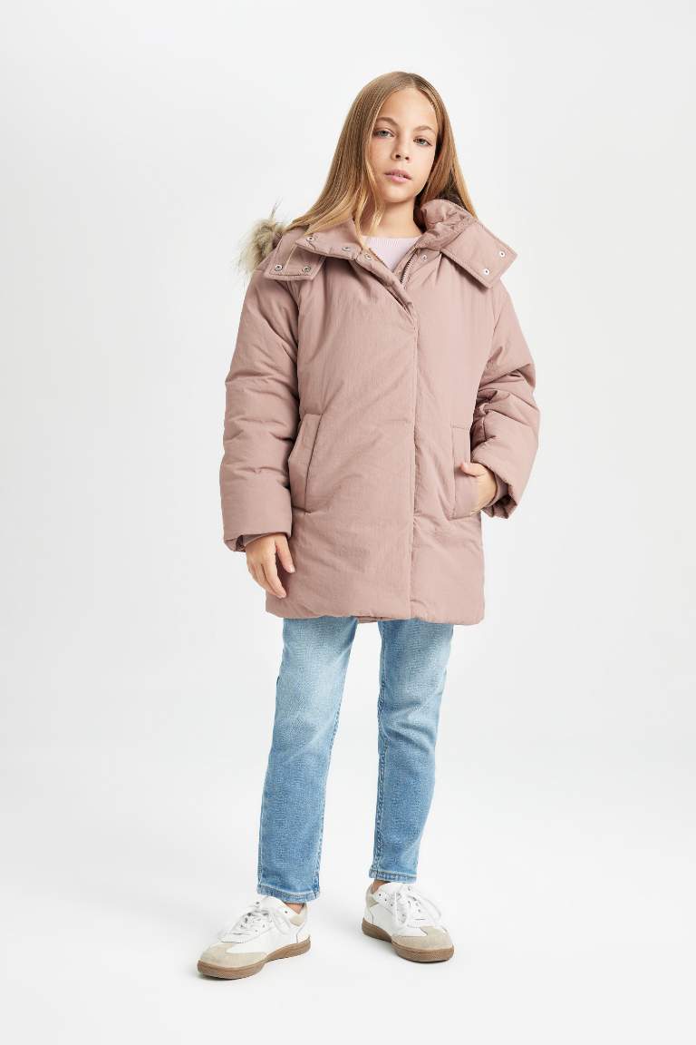 Girl Removable Faux Fur Collar Hooded Puffer Jacket