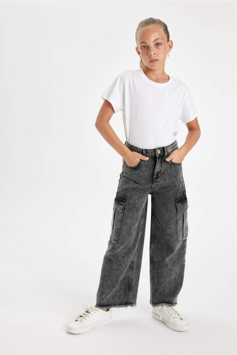 Kız Çocuk Wide Leg Kargo Cepli Geniş Bol Paça Jean Pantolon