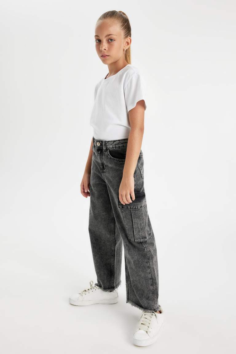 Kız Çocuk Wide Leg Kargo Cepli Geniş Bol Paça Jean Pantolon