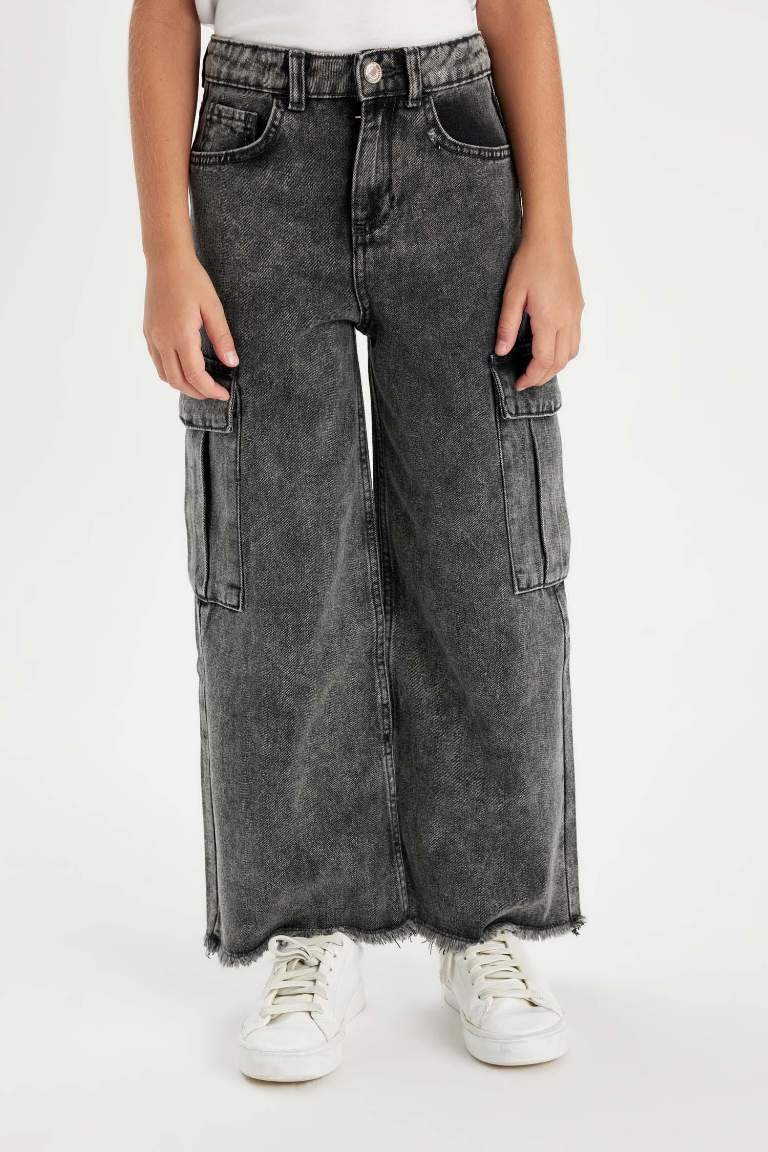 Kız Çocuk Wide Leg Kargo Cepli Geniş Bol Paça Jean Pantolon