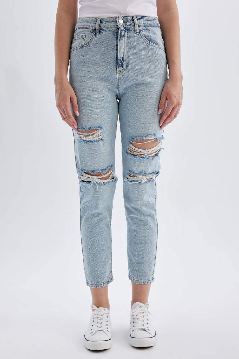 Pantalon Jean coupe Mom à Taille Haute avec Détails Déchirés