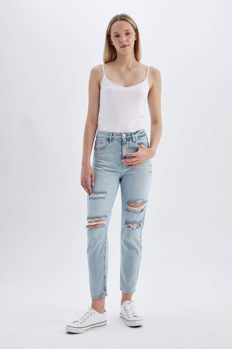 Pantalon Jean coupe Mom à Taille Haute avec Détails Déchirés