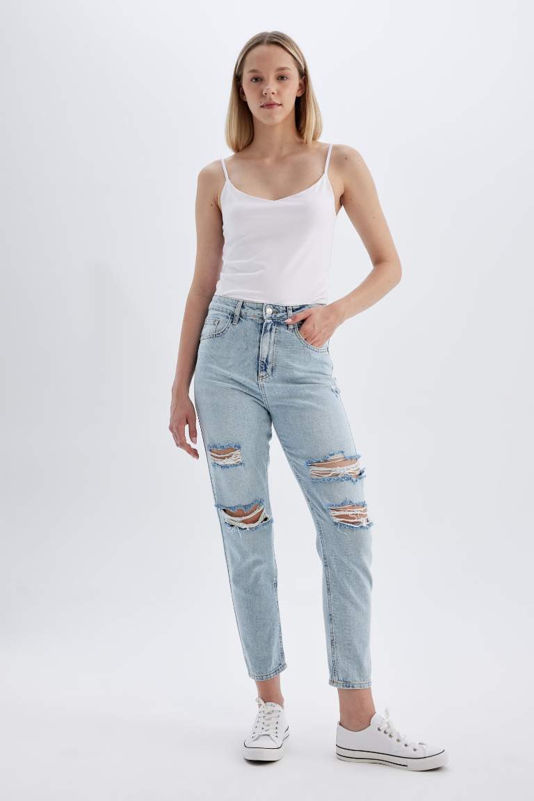 Lina Mom Fit Ripped Detailed High Waist Washed Jeans