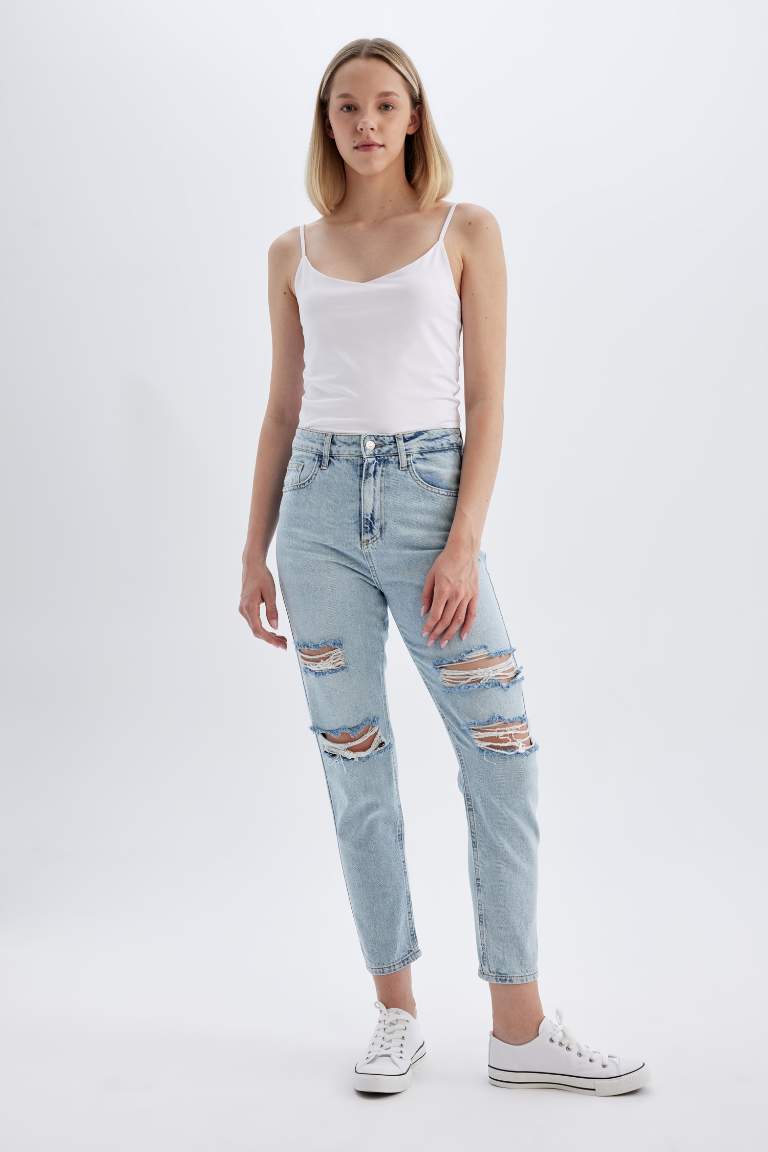 Lina Mom Fit Ripped Detailed High Waist Washed Jeans