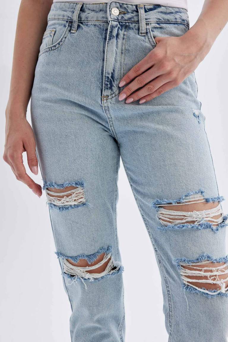 Lina Mom Fit Ripped Detailed High Waist Washed Jeans