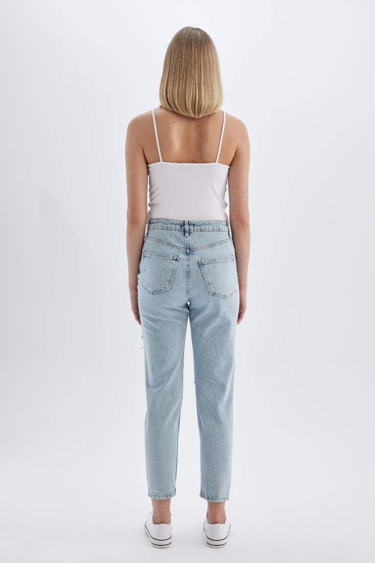 Pantalon Jean coupe Mom à Taille Haute avec Détails Déchirés