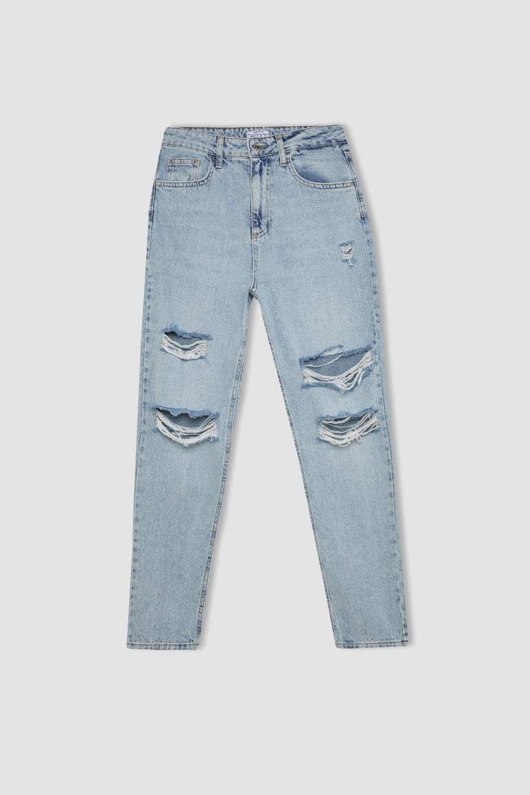 Pantalon Jean coupe Mom à Taille Haute avec Détails Déchirés