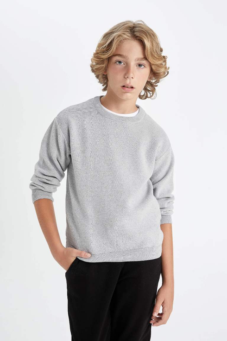 Pull en Tricot gris à Col Rond et à motifs unis pour Garçon