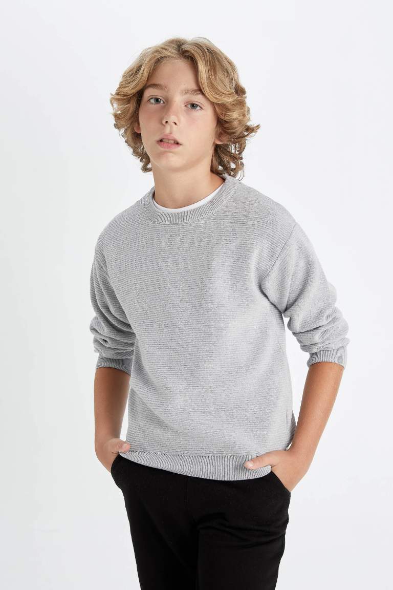 Pull en Tricot gris à Col Rond et à motifs unis pour Garçon