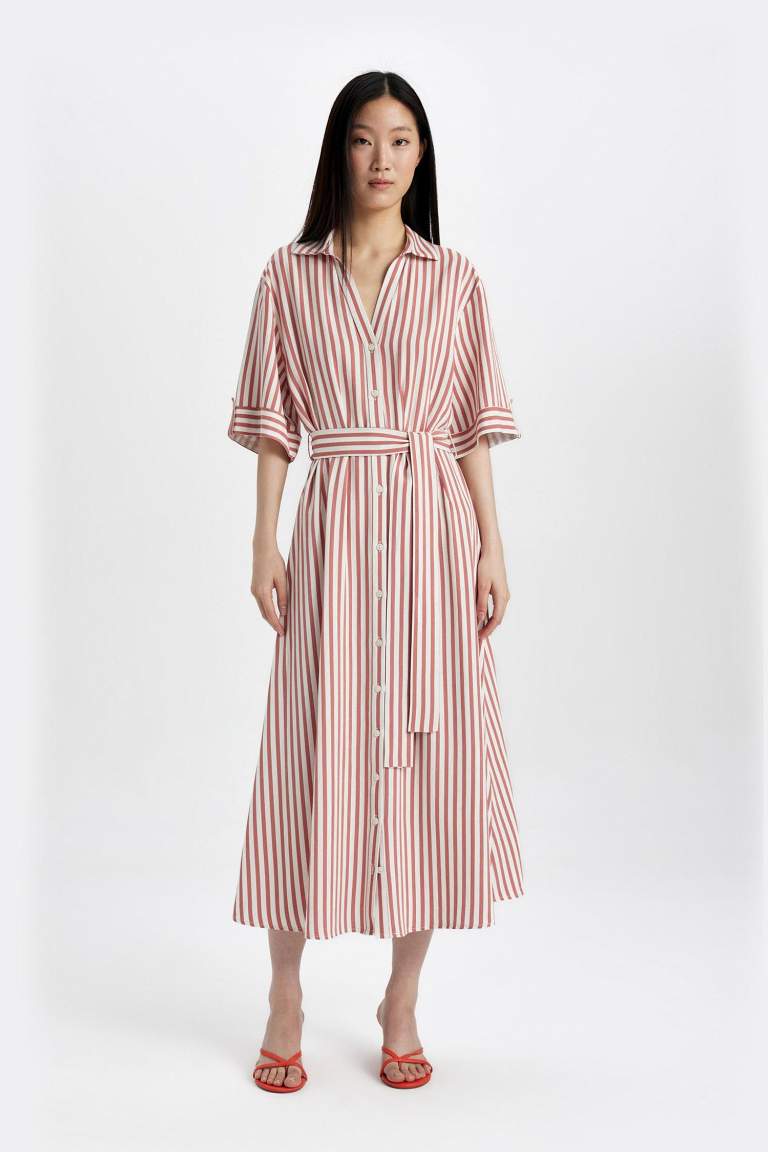 Robe Midi en Lin à Manches Courtes Col Chemise à Rayures Avec Ceinture