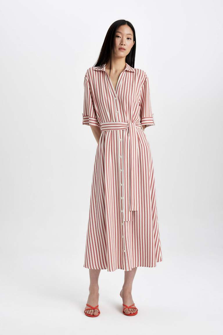 Robe Midi en Lin à Manches Courtes Col Chemise à Rayures Avec Ceinture