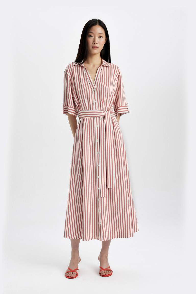 Robe Midi en Lin à Manches Courtes Col Chemise à Rayures Avec Ceinture