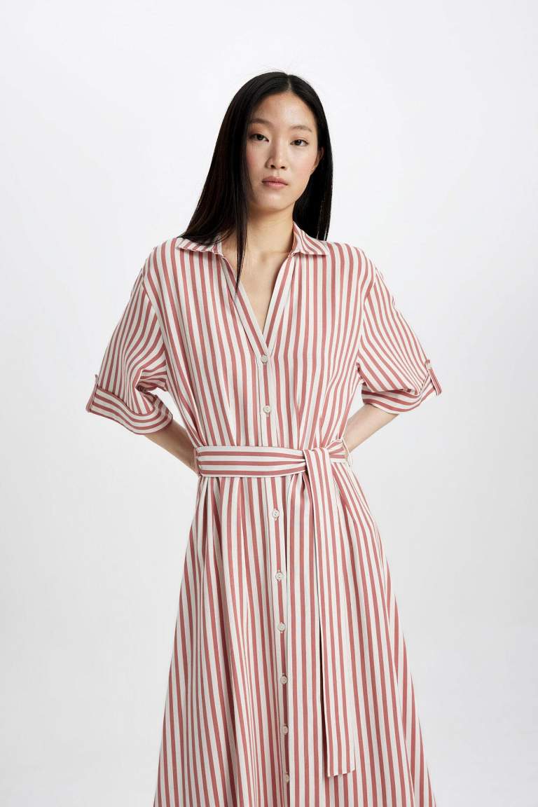 Shirt Collar Striped Belted Linen Midi Dress