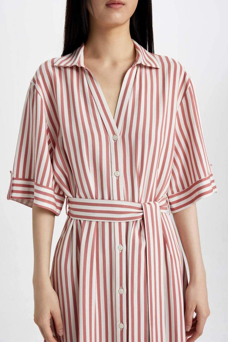 Shirt Collar Striped Belted Linen Midi Dress