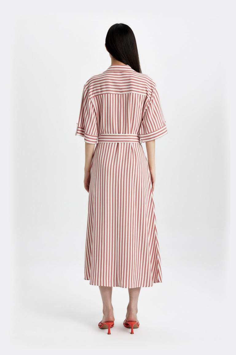 Robe Midi en Lin à Manches Courtes Col Chemise à Rayures Avec Ceinture