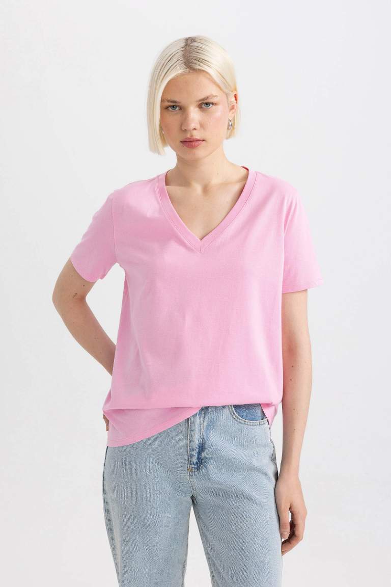 Regular Fit V Neck Cotton Short Sleeve T-Shirt