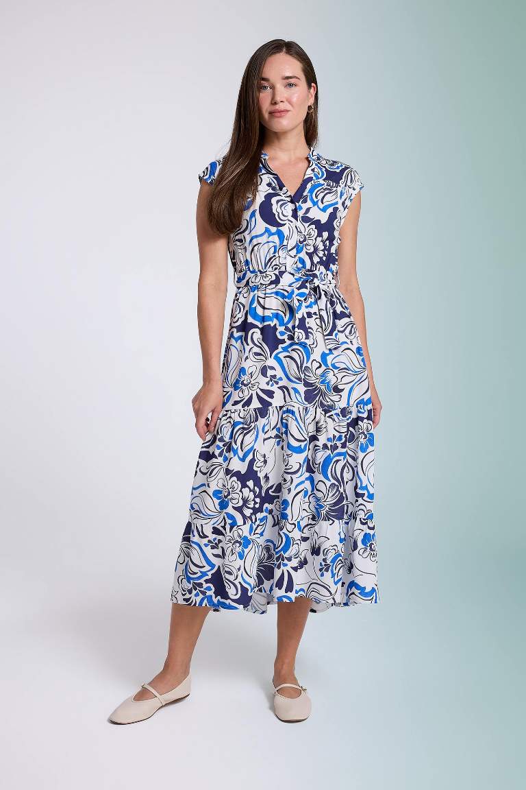 Patterned Shirt Collar Sleeveless Midi Dress