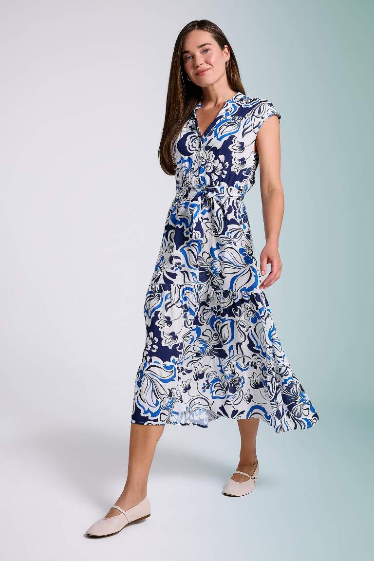 Patterned Shirt Collar Sleeveless Midi Dress