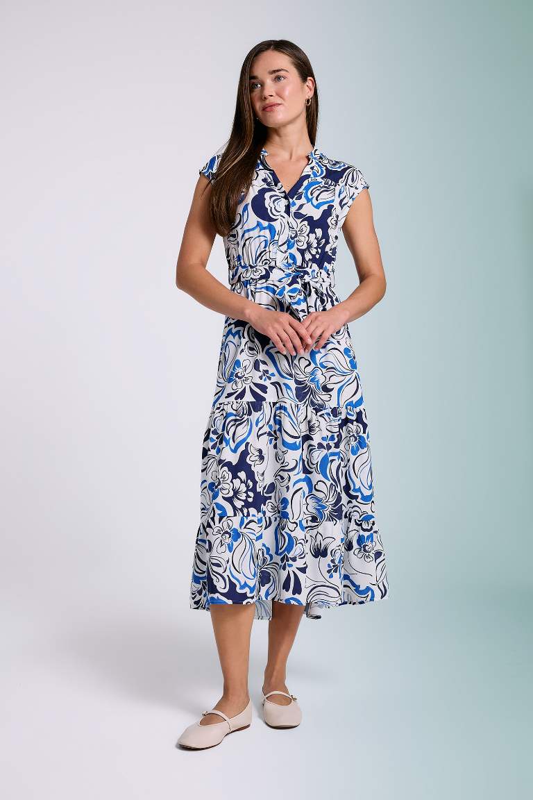 Patterned Shirt Collar Sleeveless Midi Dress