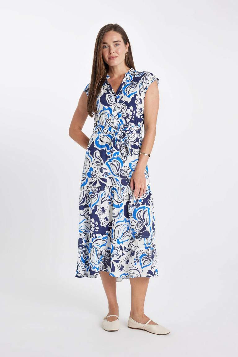 Patterned Shirt Collar Sleeveless Midi Dress