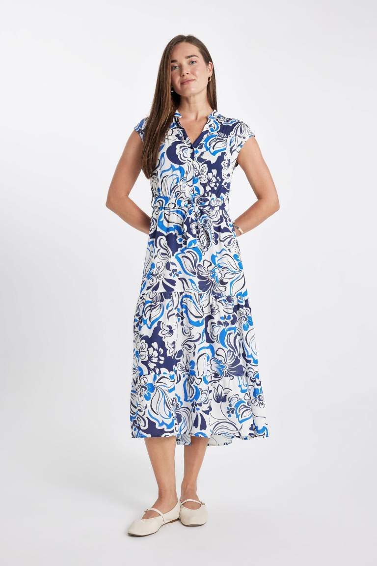 Patterned Shirt Collar Sleeveless Midi Dress