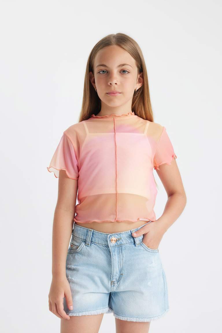 Girl Gradient Printed Tulle T-Shirt Tank Top 2 Piece Set