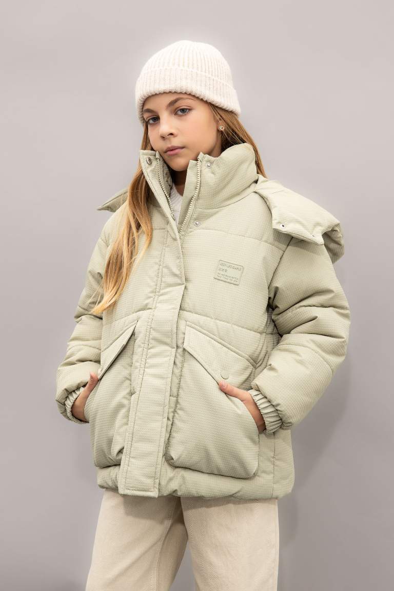 Girl Hooded Windproof Ribbed Sleeve Waterproof Puffer Jacket