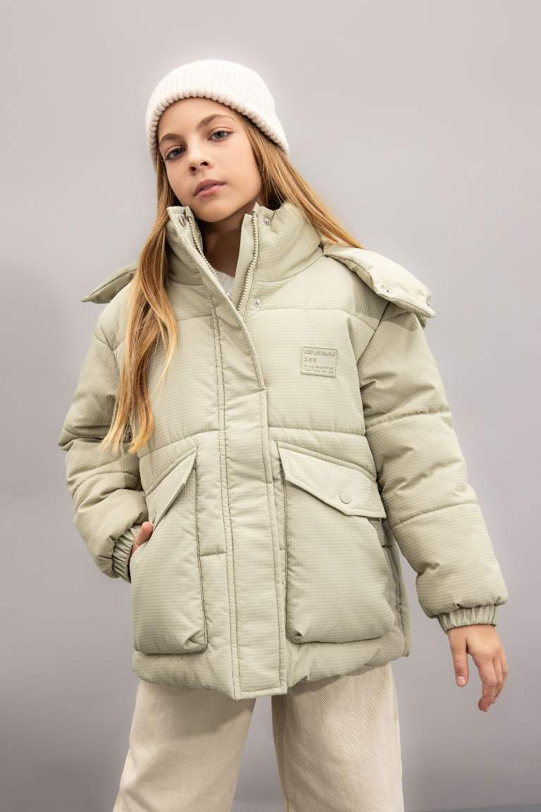 Girl Hooded Windproof Ribbed Sleeve Waterproof Puffer Jacket