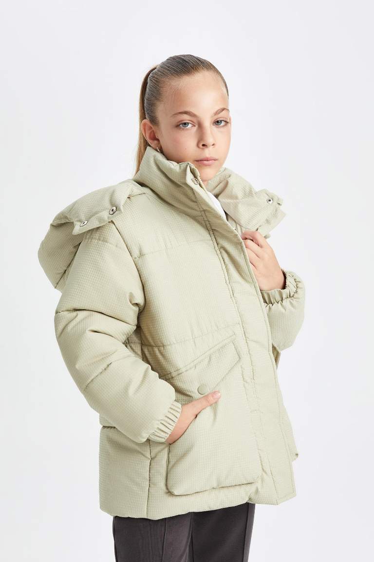 Girl Hooded Windproof Ribbed Sleeve Waterproof Puffer Jacket