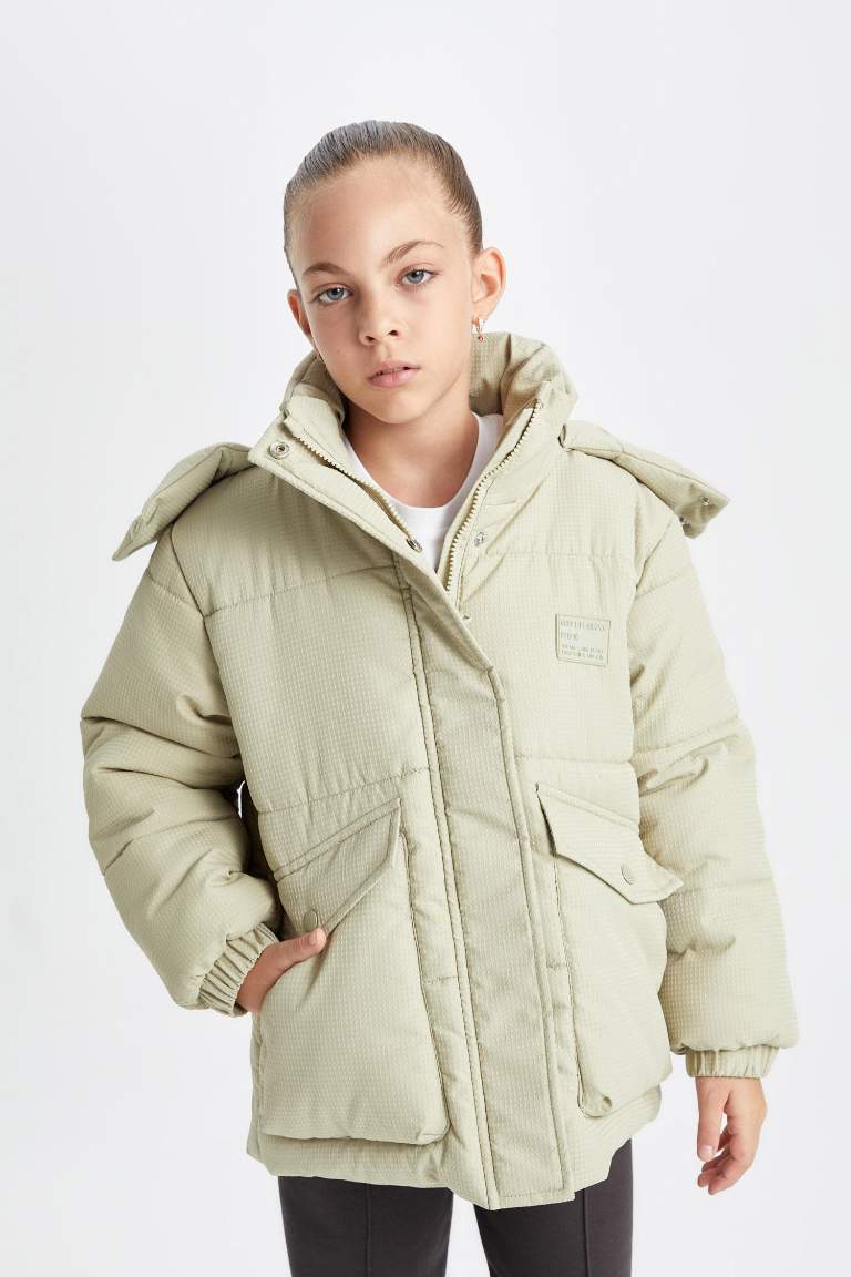 Girl Hooded Windproof Ribbed Sleeve Waterproof Puffer Jacket