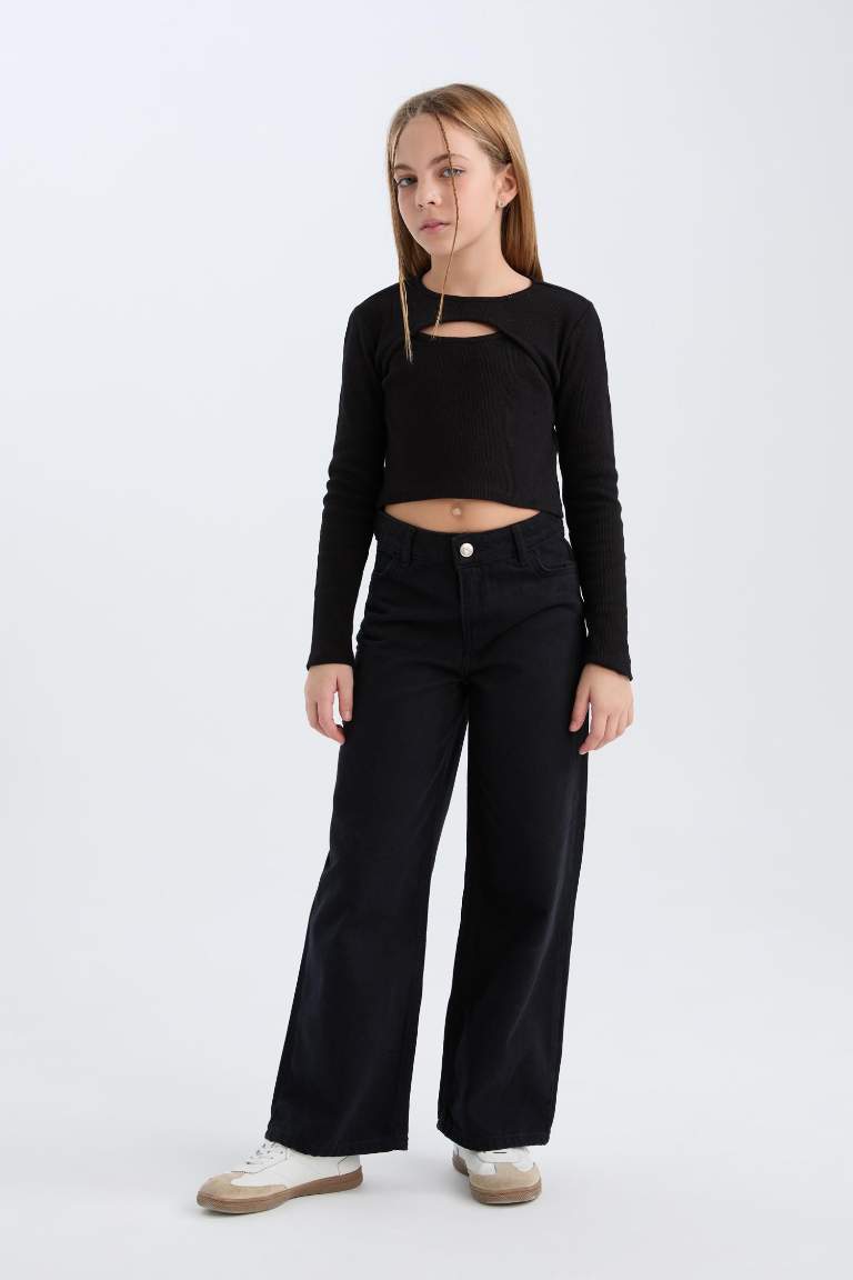 Kız Çocuk Wide Leg Geniş Bol Paça Pamuklu Cepli Siyah Pantolon