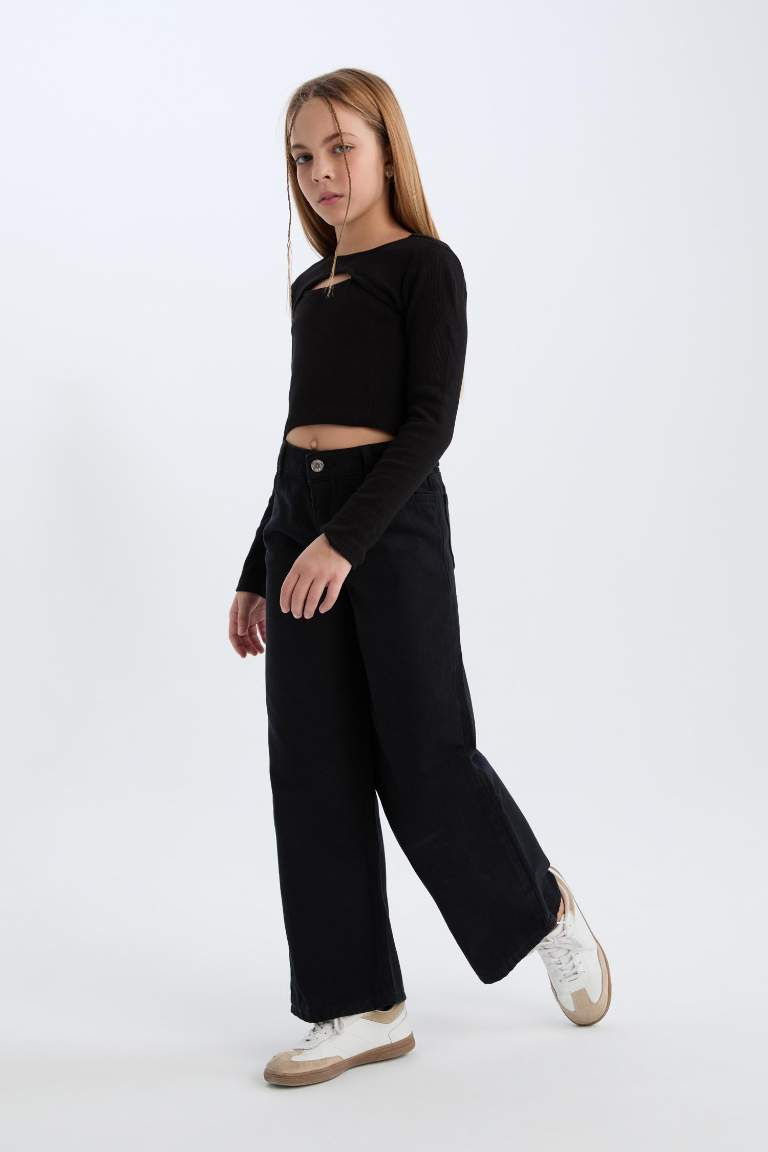 Kız Çocuk Wide Leg Geniş Bol Paça Pamuklu Cepli Siyah Pantolon