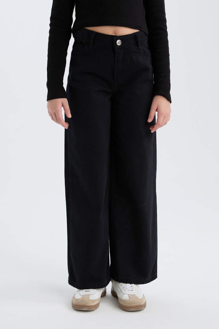 Kız Çocuk Wide Leg Geniş Bol Paça Pamuklu Cepli Siyah Pantolon