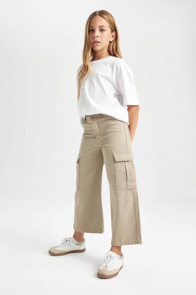 Kız Çocuk Wide Leg Kargo Cepli Geniş Bol Paça Pamuklu Pantolon