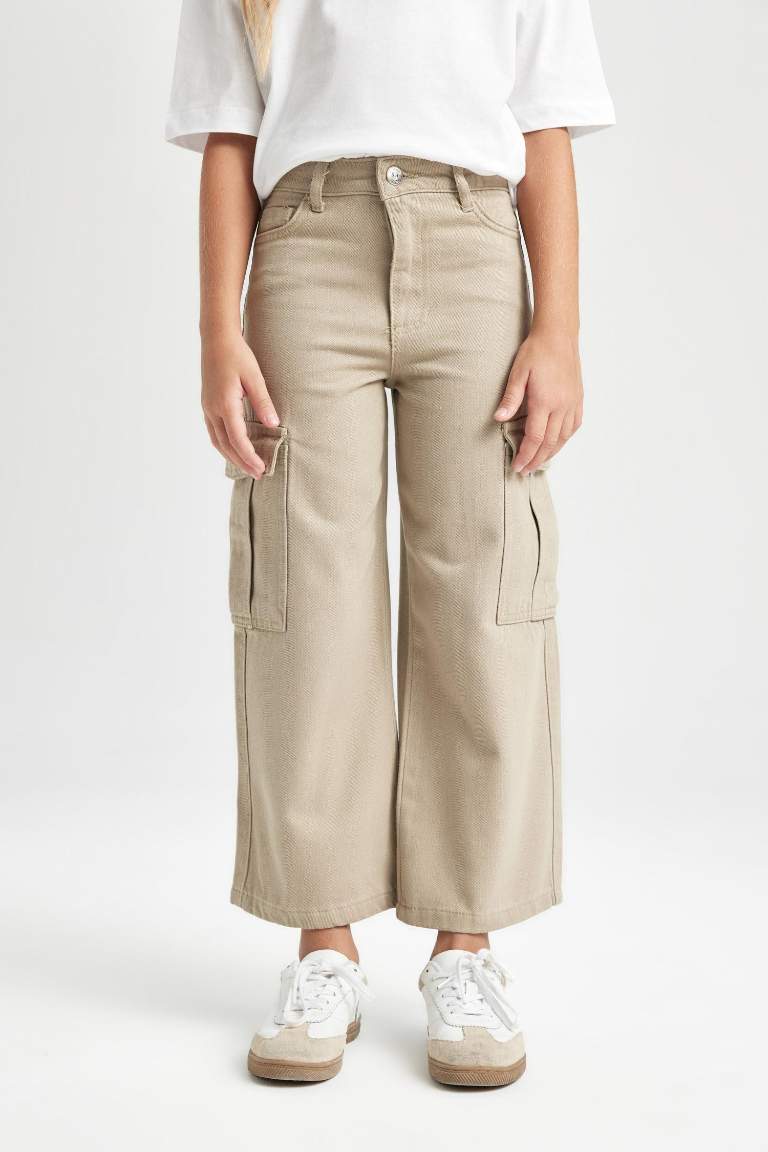 Kız Çocuk Wide Leg Kargo Cepli Geniş Bol Paça Pamuklu Pantolon