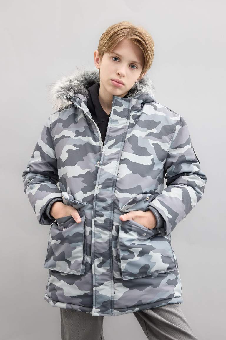 Boy Detachable Faux Fur Collar Hooded Plush Lined Jacket