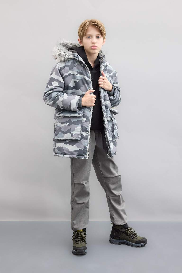 Boy Detachable Faux Fur Collar Hooded Plush Lined Jacket