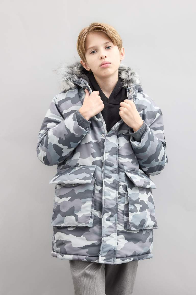 Boy Detachable Faux Fur Collar Hooded Plush Lined Jacket