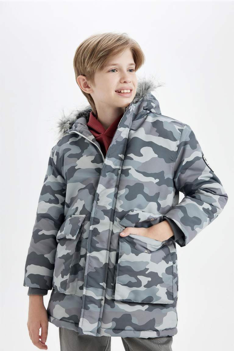 Boy Detachable Faux Fur Collar Hooded Plush Lined Jacket