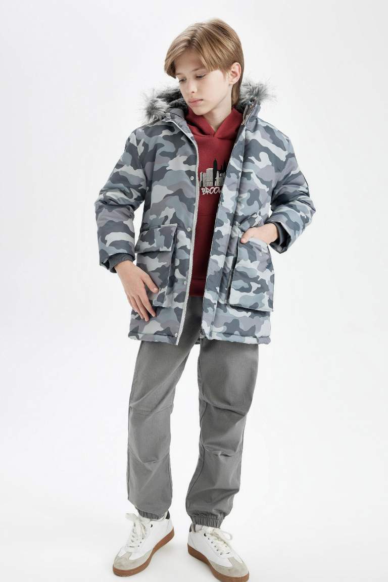 Boy Detachable Faux Fur Collar Hooded Plush Lined Jacket