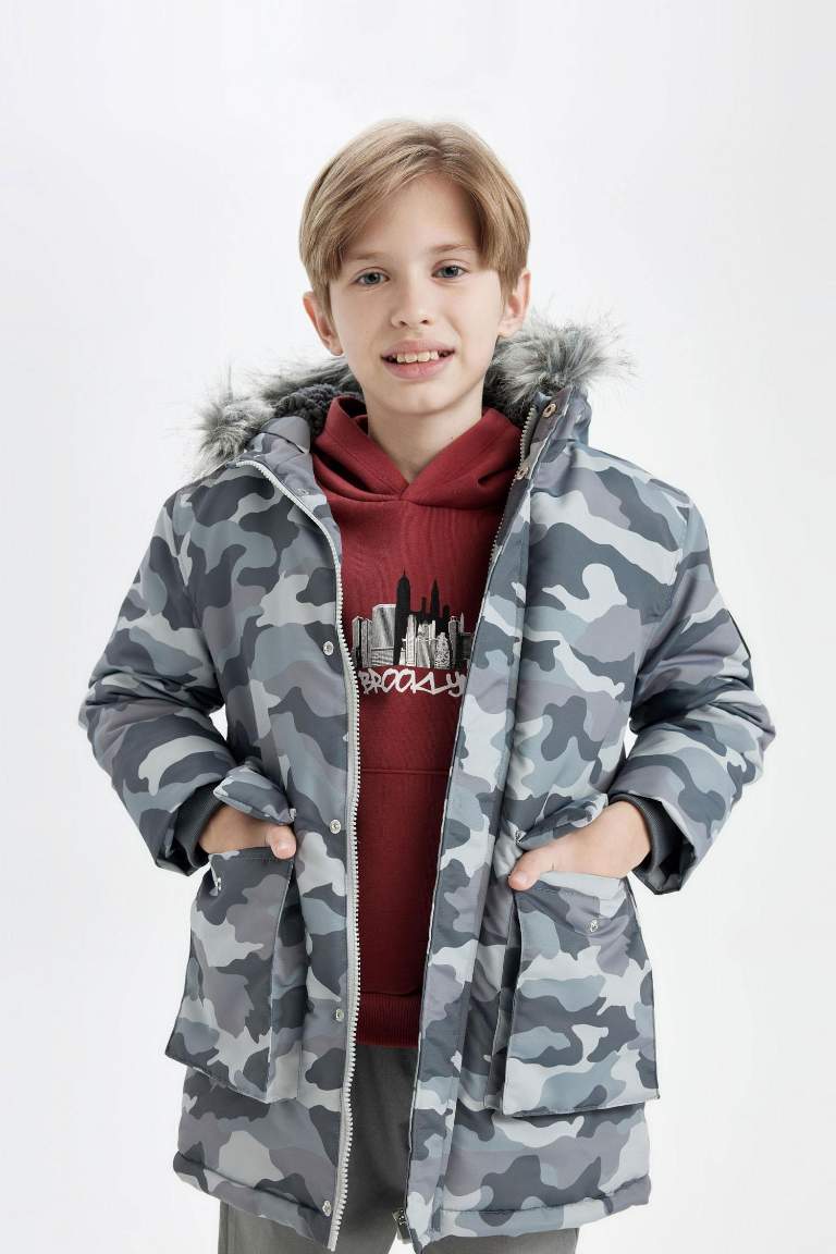 Boy Detachable Faux Fur Collar Hooded Plush Lined Jacket