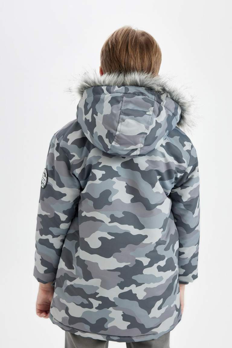 Boy Detachable Faux Fur Collar Hooded Plush Lined Jacket