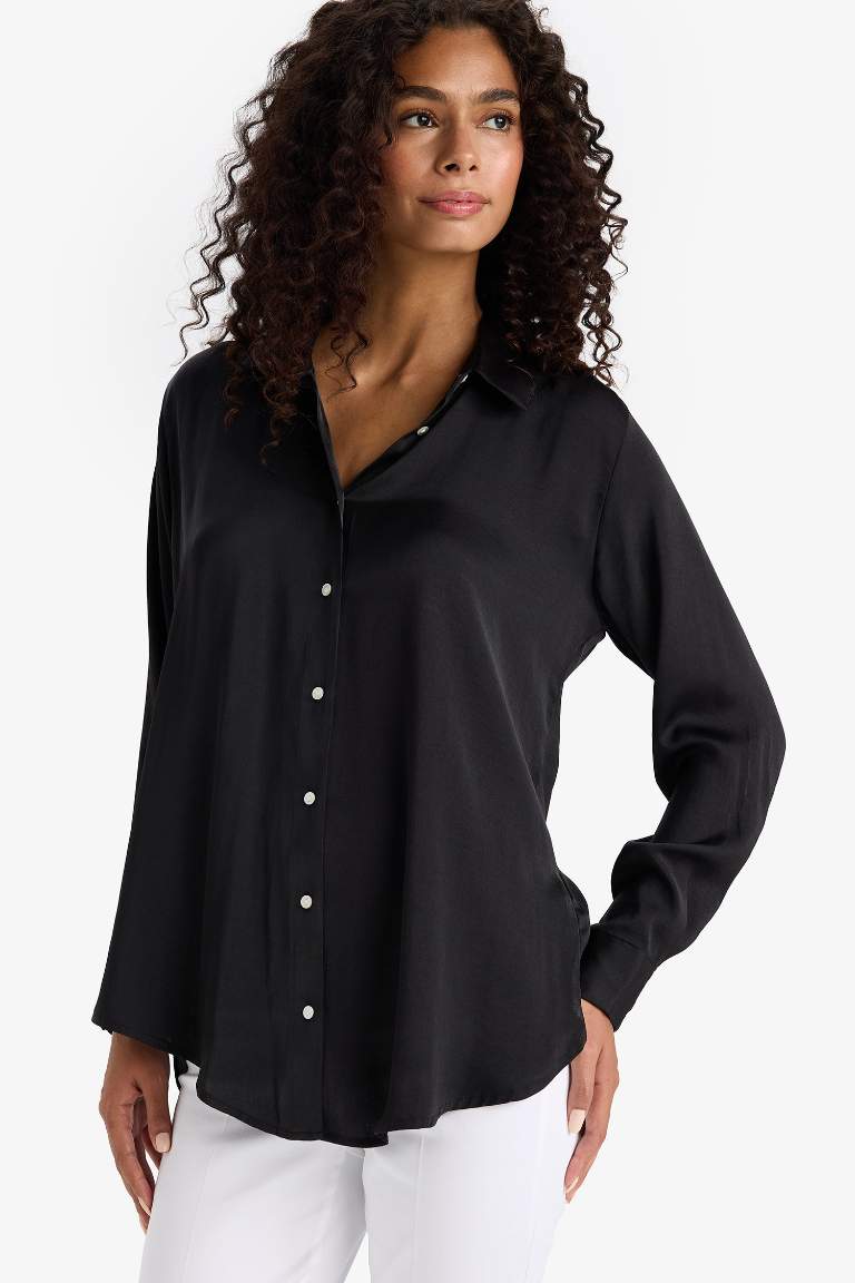 Стандартный крой рубашечный воротник атласная рубашка с длинным рукавом