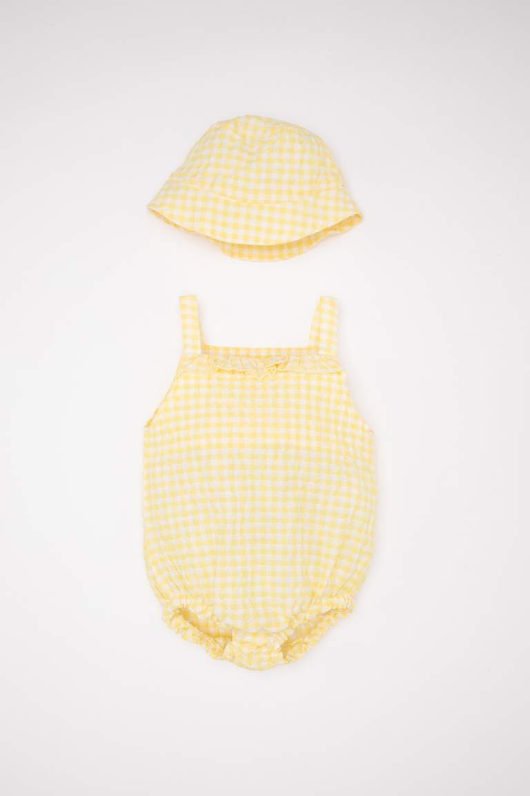 Baby Girl Newborn Checkered Snap Jumpsuit Hat 2 Piece Set